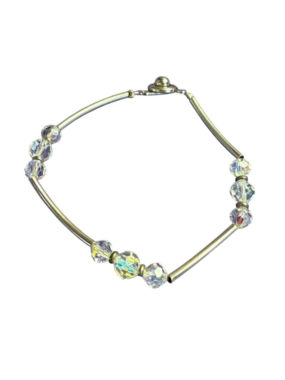 Silvertone Glass Faceted AB Aurora Borealis Beaded Bracelet 6.75 inch Snap Clasp